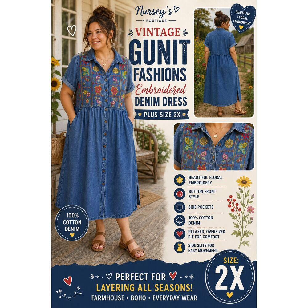 Vintage Gunit Fashions Embroidered Denim Dress Boho Cottagecore Plus Size